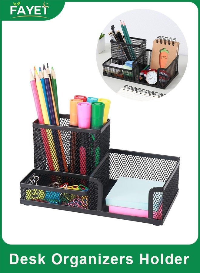 FAYET Black Mesh Desk Organizer Pencil Holder with Sticky Notes Slot, Metal Office Supplies Caddy for Pens, Pencils, Scissors and Paper Clips for Home, School and Office - Image 1
